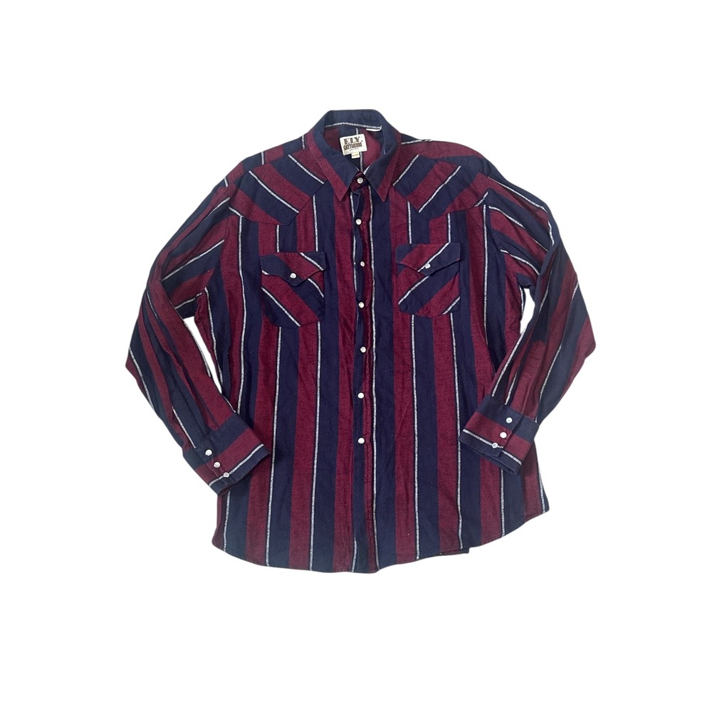 ELY CATTLEMAN Mens XL‎ Long Sleeve Burgundy Navy Stripe Western Shirt Vintage